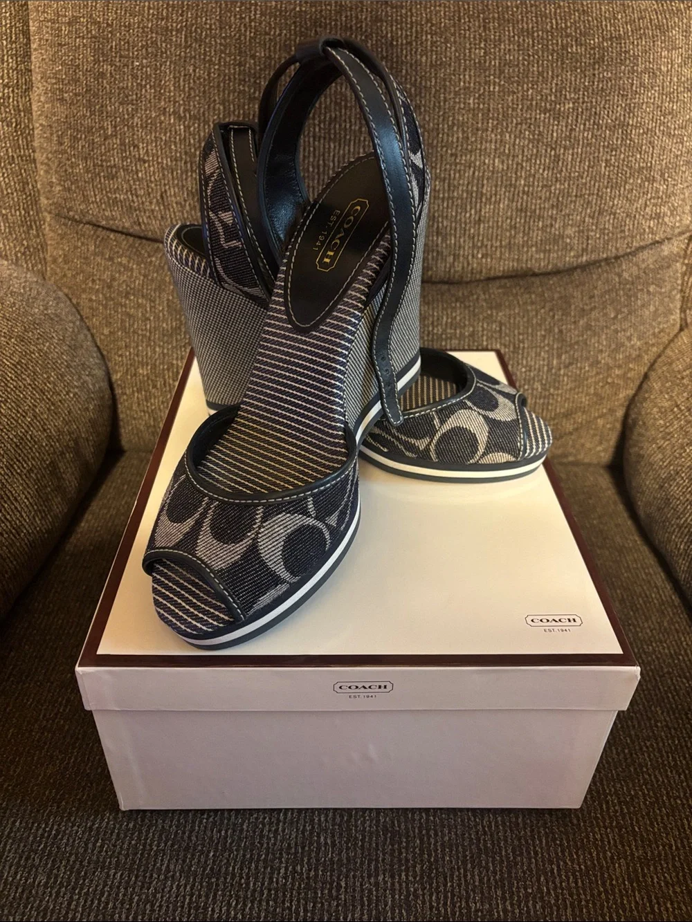 Coach Navy and Cream Signature Wedge Sandals